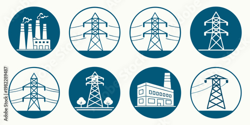 Circular icons set illustrating industrial power plants and electrical transmission pylons with industrial electricity transmission infrastructure building engineering