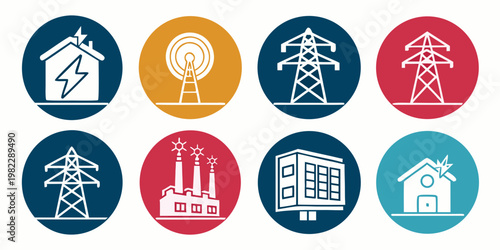 Collection of energy industry icons showing power plants electricity towers and houses with electricity transmission building infrastructure electrical industrial industry