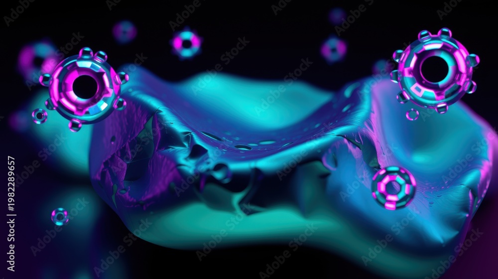Fototapeta premium Fluid dynamics simulation. Vibrant turquoise liquid, glowing pink rings, dark background. Abstract, futuristic, energetic composition.