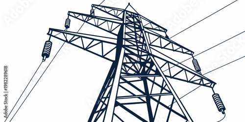 High voltage electrical power pylon silhouette against white background with electricity transmission electrical infrastructure industrial electric structure technology