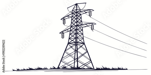 Tall electric power pylon transmission structure in a field with electricity transmission electrical infrastructure industrial structure electric distribution engineering