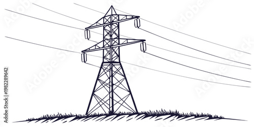 Single high voltage electrical power pylon on field background with electricity transmission electrical infrastructure industrial technology landscape engineering powerline
