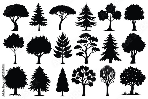 set different types of trees silhouette line art vector illustration with a white background