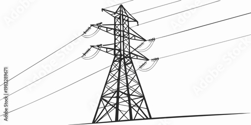 High voltage electrical power pylon with transmission cables electricity transmission electrical infrastructure industrial technology engineering distribution silhouette