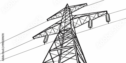 Low angle view of electrical high voltage pylon transmission tower with electricity transmission electrical infrastructure industrial structure engineering distribution