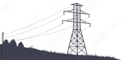 High voltage electrical transmission pylon standing in grassy field with electricity transmission landscape electrical infrastructure industrial technology distribution