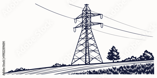 High voltage electricity pylon transmission tower silhouette illustration in landscape with electricity transmission infrastructure industrial landscape silhouette electrical