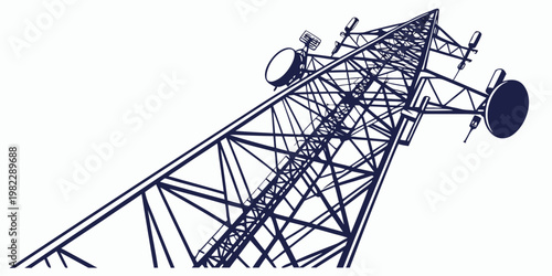 Communication cell tower with antennas and dish receivers graphic illustration communication telecommunication transmitter technology broadcast receiver connectivity