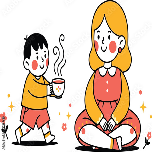 Sweet and simple cartoon illustration of a kind boy offering a comforting warm beverage to a smiling woman, symbolizing nurture, affection, and everyday family moments