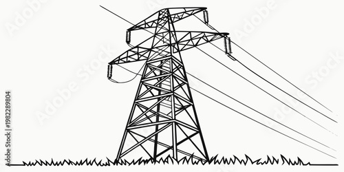 Hand drawn ink illustration of a single high voltage electrical transmission pylon standing in grass with electricity transmission infrastructure industrial electrical