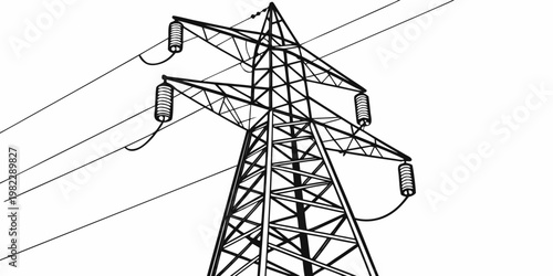 Minimalist black and white line art of a high voltage transmission tower carrying power lines with electricity transmission infrastructure industrial electrical engineering