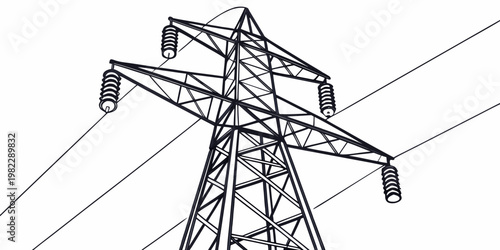 Minimalist black and white line art illustration of a high voltage electricity pylon transmission tower with electricity transmission infrastructure electric industrial