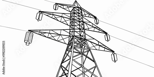 Stylized graphic drawing of a steel high voltage electricity pylon with insulators and transmission wires electricity transmission infrastructure industrial electrical