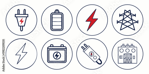 Set of electrical and power generation line icons including batteries plugs and transmission towers with electricity electric transmission generator industry technology