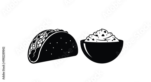 A black and white illustration depicts a taco and a bowl of dip side by side