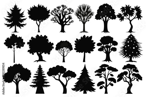 set different types of trees silhouette line art vector illustration with a white background