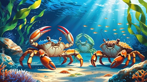 Underwater Scene With Crabs Exploring Coral and Plants in a Bright Ocean Setting