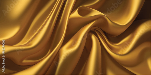 Luxurious golden silk fabric background with a smooth satin texture featuring soft flowing waves and shiny light patterns for an elegant textile backdrop design