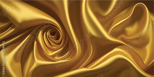 An abstract golden silk background featuring flowing liquid waves of soft satin fabric with a light motion pattern and elegant gold swirl texture for a luxury wallpaper design