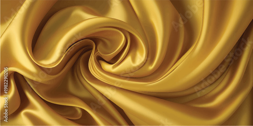 Golden silk and satin fabric background featuring a soft flowing wave texture with a shiny liquid luxury design and smooth golden textile pattern