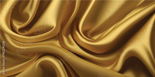 Luxurious golden silk fabric with a smooth satin texture features flowing liquid waves and shiny drapery curves for a soft decorative background