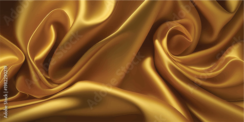 Luxury golden silk fabric texture featuring smooth satin waves and shiny liquid drapery for an elegant yellow textile backdrop design