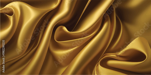 Luxurious golden silk fabric with a smooth satin texture and elegant shiny waves creates a soft yellow drapery backdrop for fashion decoration