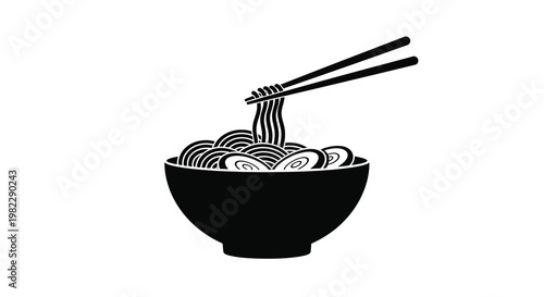 A black and white illustration depicts a bowl of noodles with chopsticks poised above high quality
