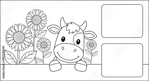 Cute baby cow with sunflowers coloring page with copy space for kids