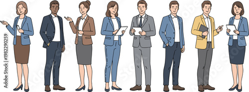Diverse set of professional business people and office employees in flat color style with modern business attire and confident standing poses vector.
