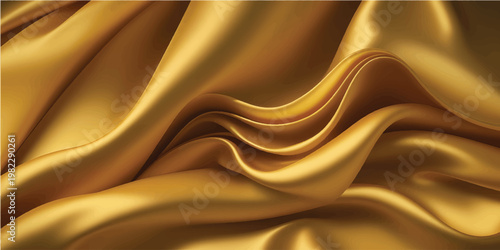 Luxurious golden silk fabric background with a smooth satin texture featuring flowing liquid waves and soft light curves for a premium yellow textile wallpaper design