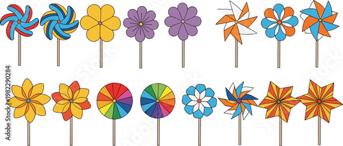 Colorful pinwheel toys collection, spinning windmill shapes for kids, playful outdoor decorations, bright festive vector illustration set