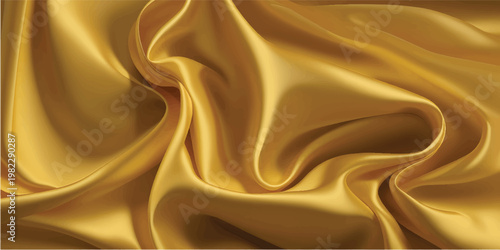 Luxurious golden silk satin fabric background with smooth flowing waves and a shiny textured drapery design for a soft yellow textile backdrop