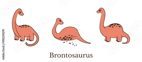 Brontosaurus dinosaur clipart set in cartoon doodle style. Vector illustration collection with cute hand drawn dinosaurs in different poses, isolated on white for kids design, print and decoration.