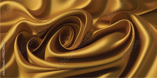 Luxurious golden silk fabric background with a liquid wave texture and elegant satin curves flowing in a metallic gold swirl design