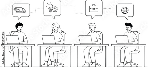 Remote business team working on laptops with speech bubbles representing 24/7 service innovation professional management and global network in line art vector.