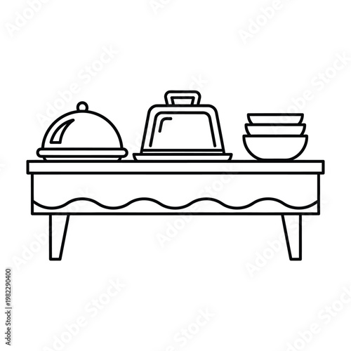 Catering food service buffet table with food warmers and bowls line art vector illustration white background catering