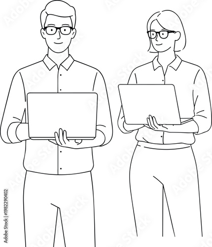 Two professional business colleagues or software developers wearing glasses and holding laptops for digital technology and corporate collaboration concept line art vector.