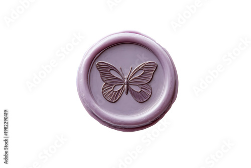 A light lilac wax seal with an elegant butterfly symbol, single and centered on white 
