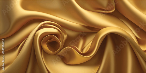 A flowing golden silk and satin fabric background with a smooth liquid wave design featuring soft curves and a swirling chocolate brown textile texture pattern