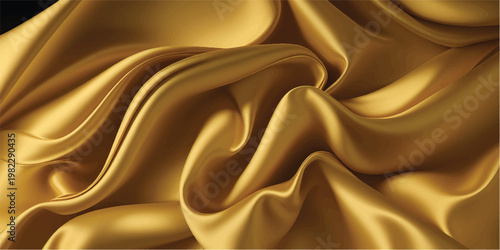 A luxurious golden silk fabric texture with soft satin waves and shiny curves creates an elegant yellow drapery backdrop for a smooth textile design