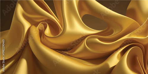 Smooth golden silk fabric texture with luxury yellow satin waves and shiny drapery curves creates a soft decorative wallpaper backdrop