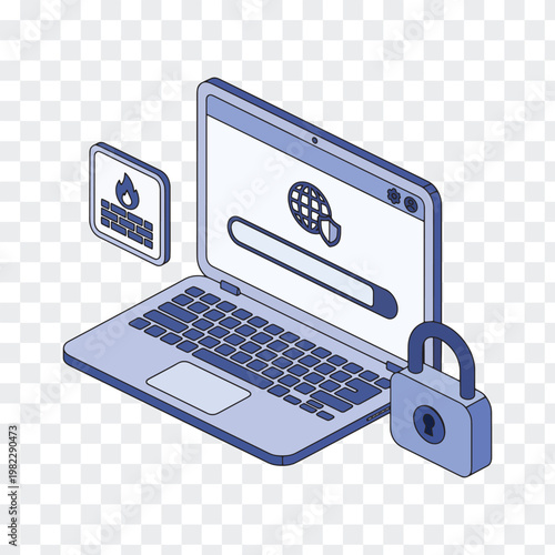 Computer security concept with laptop firewall padlock protection computer security protection firewall internet technology illustration safeguard encryption connection