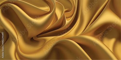 Elegant golden silk fabric texture with smooth satin waves and shiny luxurious curves creates a soft decorative drapery backdrop for fashion and luxury textile material
