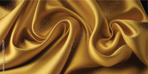 Soft golden silk fabric with flowing drapery and shiny surface, abstract luxury background with folds and highlights, close up texture