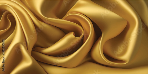 Gold silk fabric with luxury golden satin texture and drapery folds. Smooth cloth curtain with shiny ribbon waves and soft velvet sheen on abstract gradient background for premium banner design.