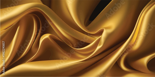Gold silk cloth texture with folds and wrinkles. Realistic illustration bg of golden satin fabric. luxury background with abstract yellow soft smooth drapery pattern with wave creases.