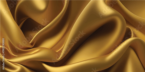 Gold silk cloth texture with folds and wrinkles. Realistic illustration bg of golden satin fabric. luxury background with abstract yellow soft smooth drapery pattern with wave creases.