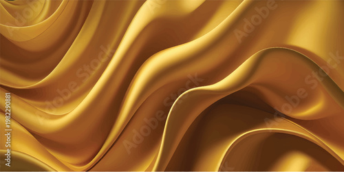 A flowing golden silk and satin fabric background features smooth luxury waves and soft curves in a liquid motion textile design