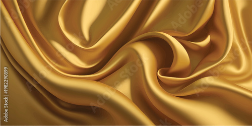 A flowing golden silk and satin fabric background features smooth luxury waves and soft curves in a liquid motion textile design